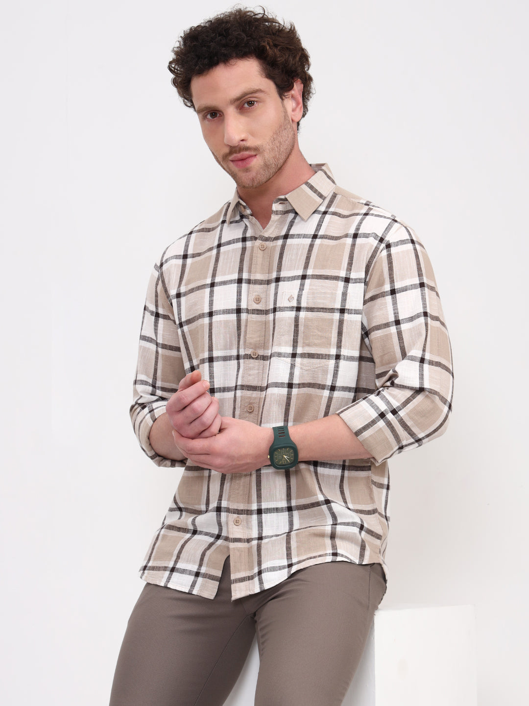 Beige Checked Casual Shirt | Greenfibre