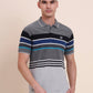 Grey & Royal Blue Striped Slim Fit Polo T-Shirt | Greenfibre