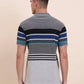 Grey & Royal Blue Striped Slim Fit Polo T-Shirt | Greenfibre