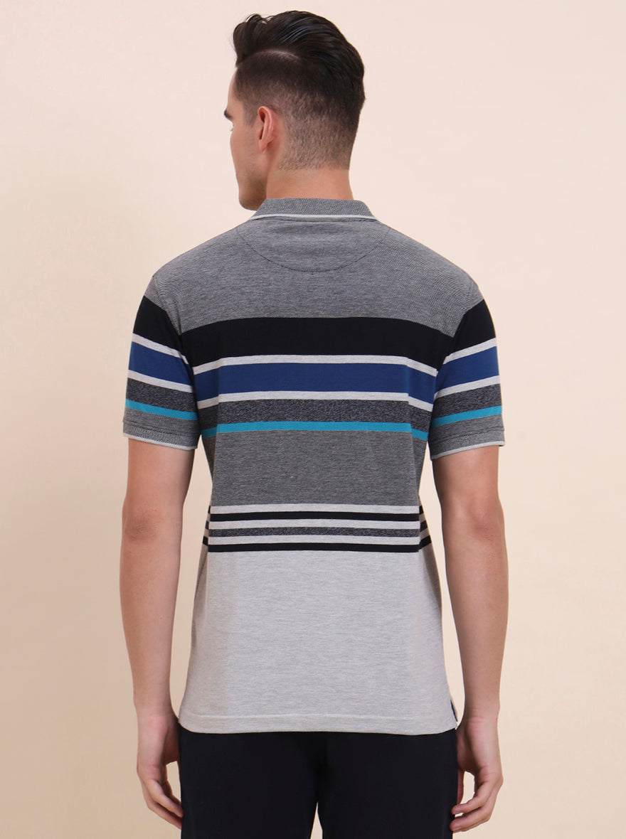 Grey & Royal Blue Striped Slim Fit Polo T-Shirt | Greenfibre