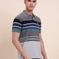 Grey & Royal Blue Striped Slim Fit Polo T-Shirt | Greenfibre
