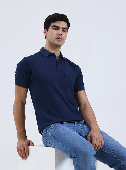 Indigo Blue Solid Regular Fit Polo T-Shirt | Greenfibre