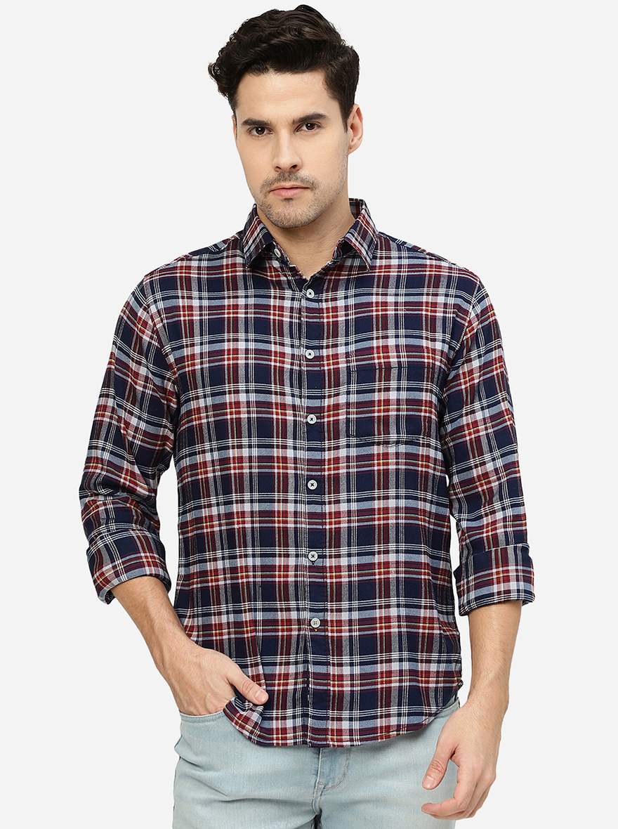 Aurora Red Checked Slim Fit Casual Shirt | Greenfibre