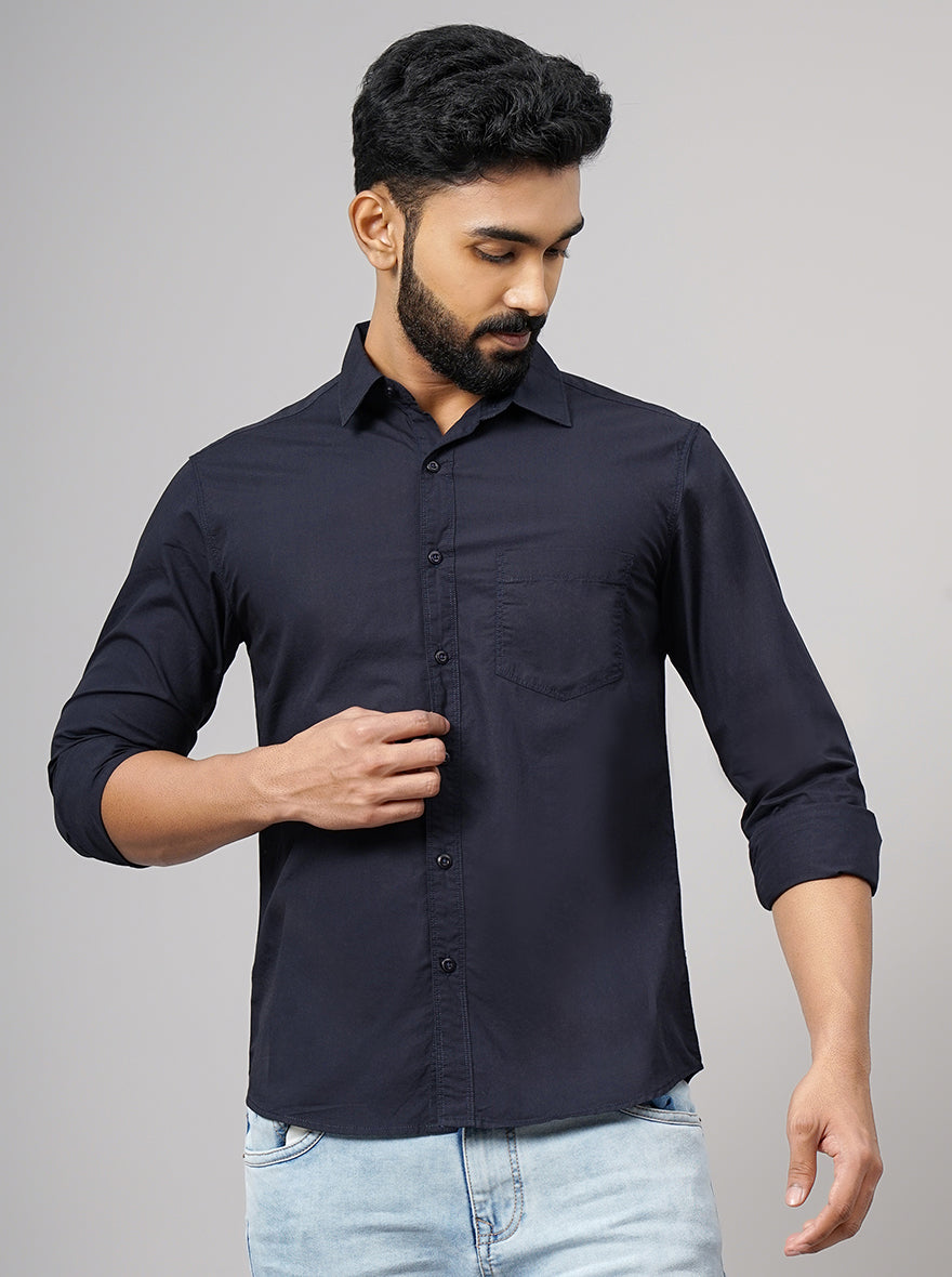 Navy Blue Solid Slim Fit Casual Shirt | Greenfibre