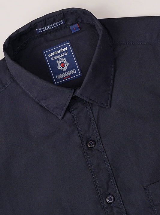 Navy Blue Solid Slim Fit Casual Shirt | Greenfibre