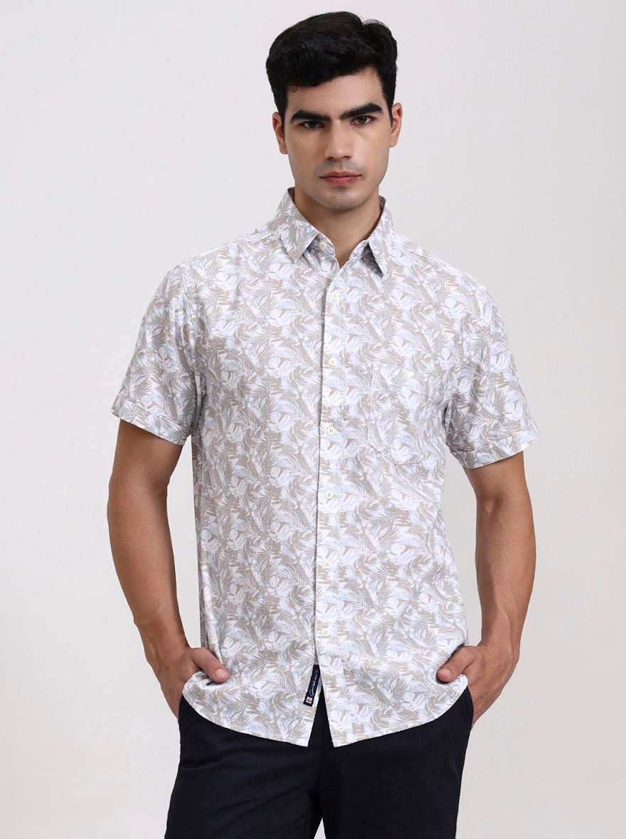 Khaki Printed Slim Fit Casual Shirt | Greenfibre