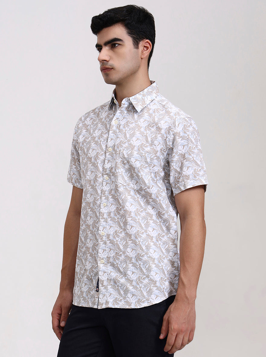 Khaki Printed Slim Fit Casual Shirt | Greenfibre