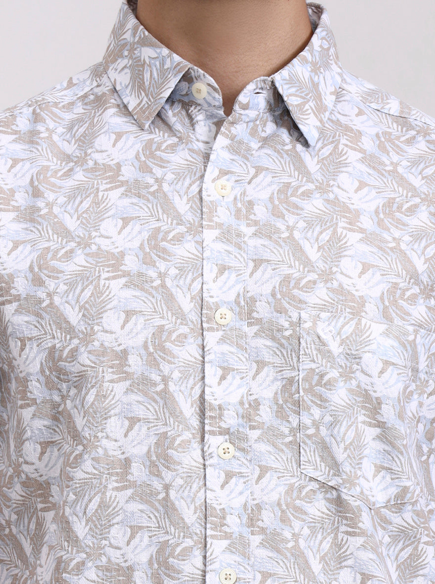 Khaki Printed Slim Fit Casual Shirt | Greenfibre