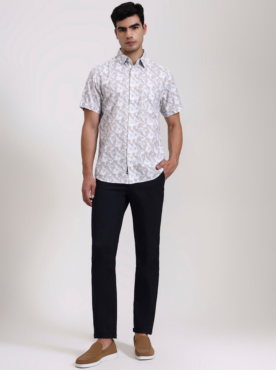 Khaki Printed Slim Fit Casual Shirt | Greenfibre