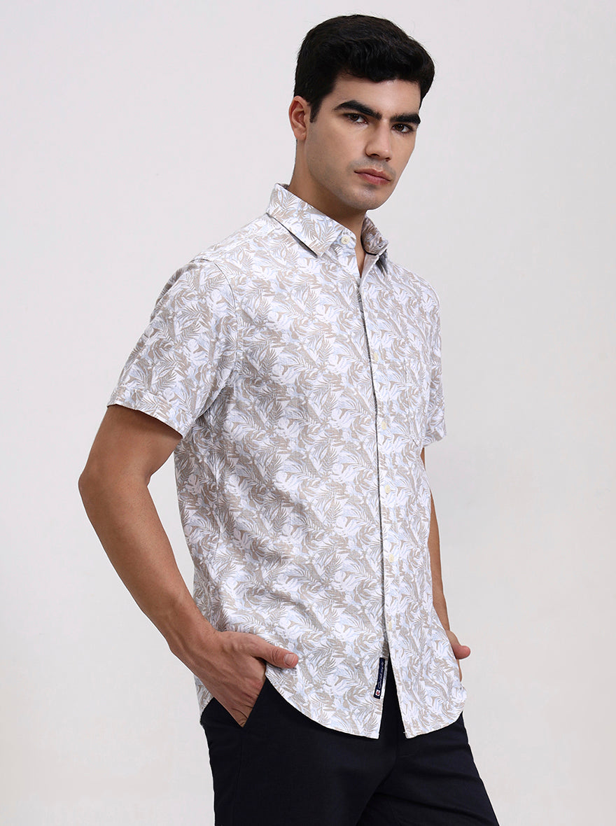 Khaki Printed Slim Fit Casual Shirt | Greenfibre
