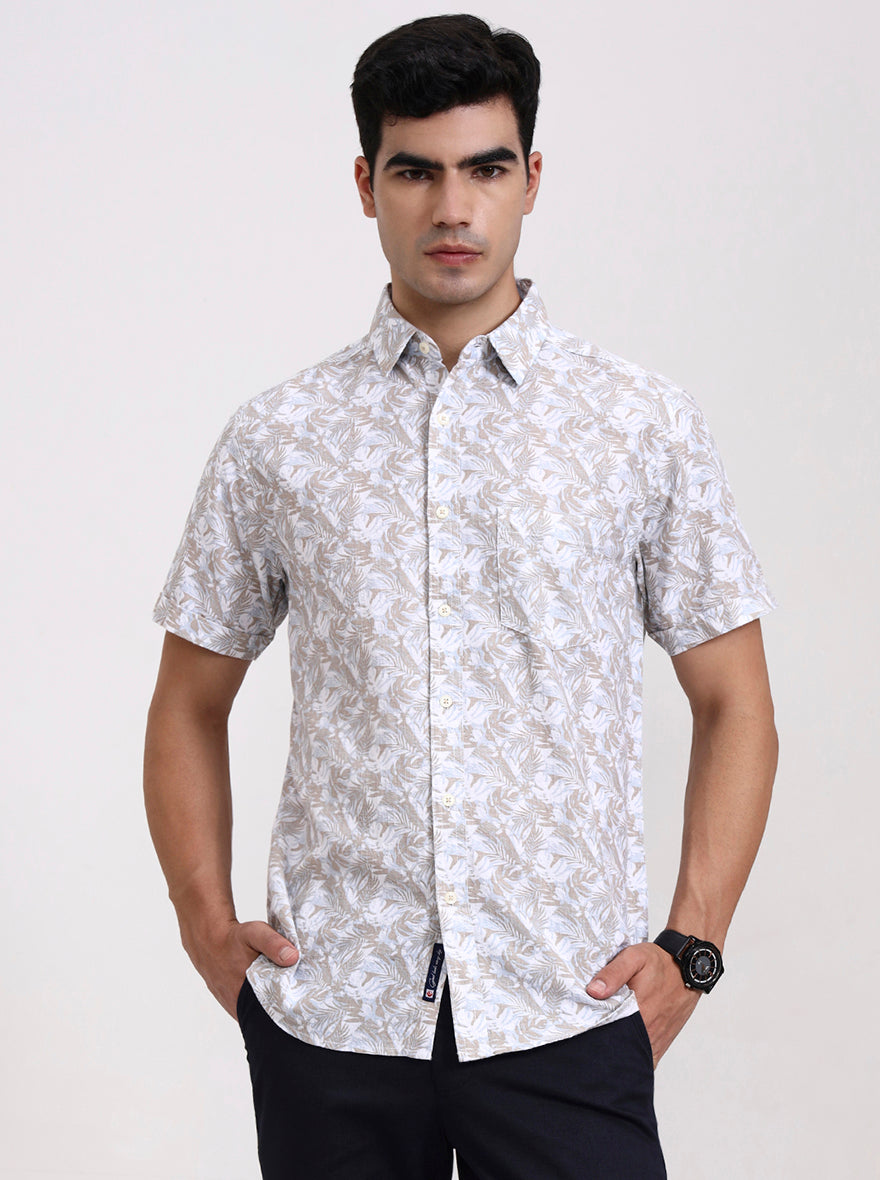 Khaki Printed Slim Fit Casual Shirt | Greenfibre