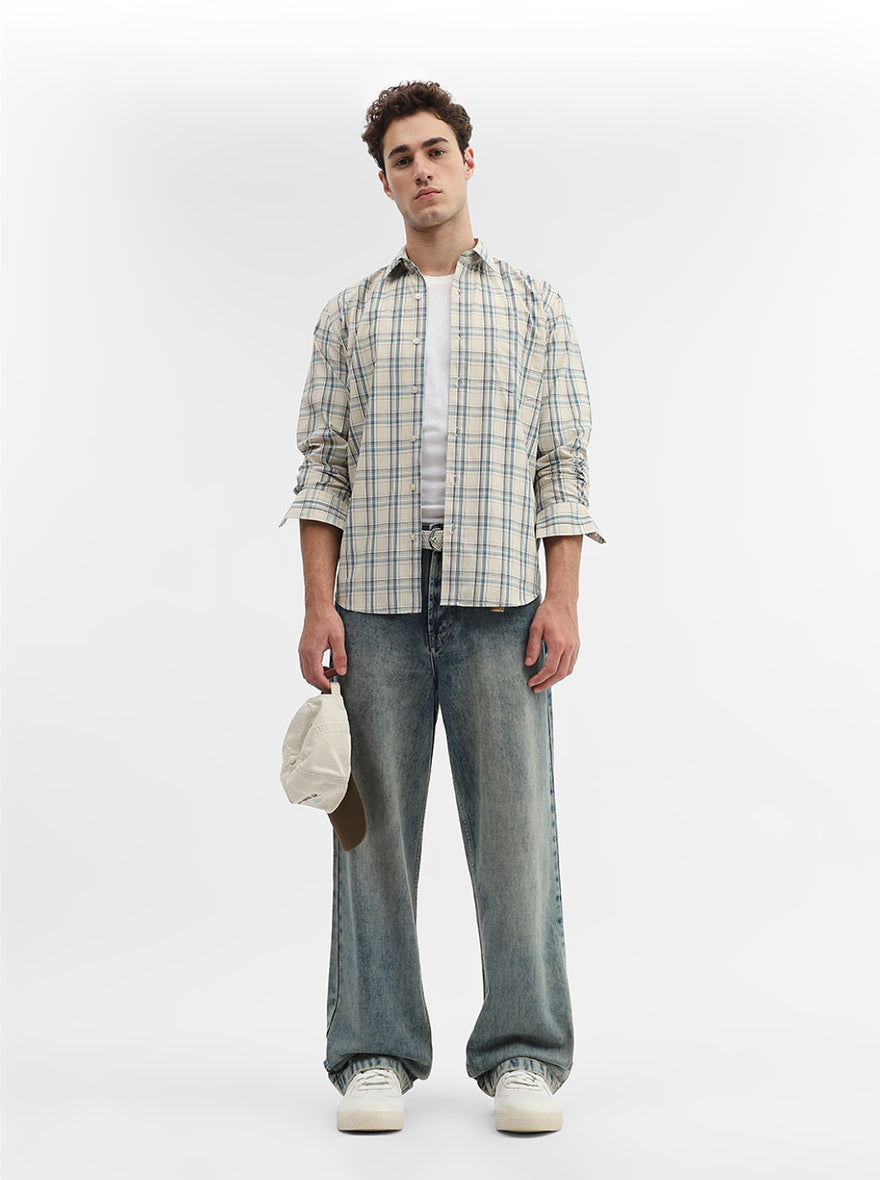 Cream Checked Smart Fit Semi Casual Shirt | Greenfibre
