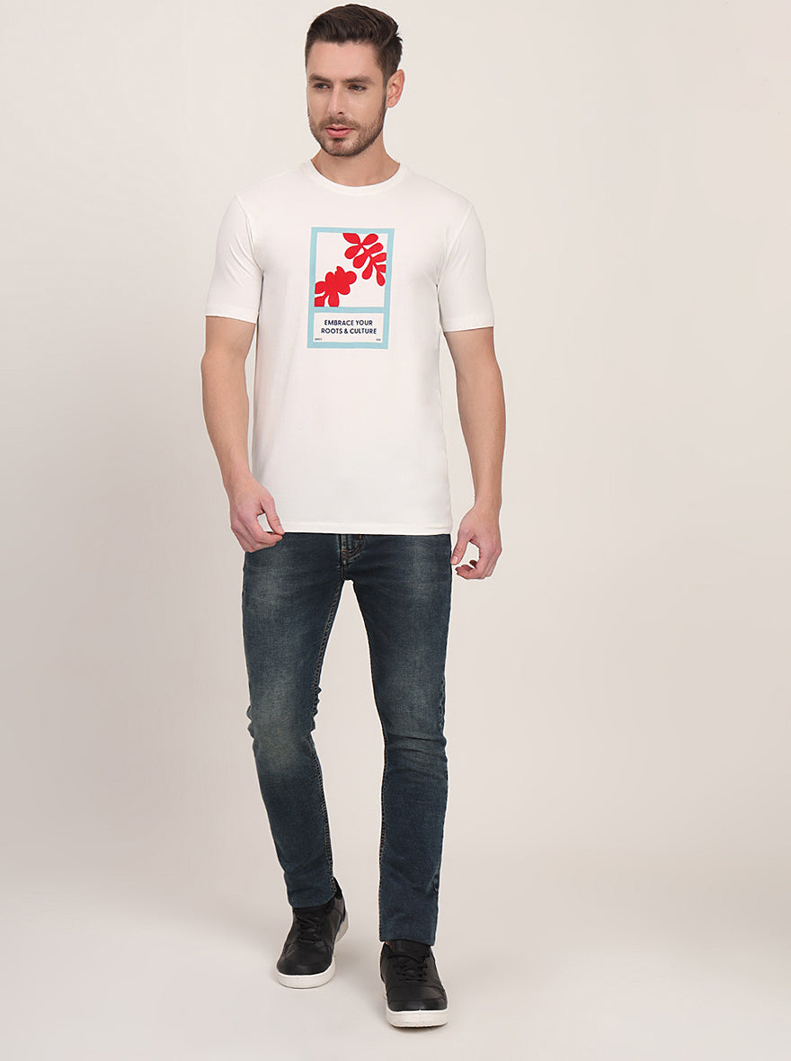 White Printed Slim Fit T-Shirt | JadeBlue