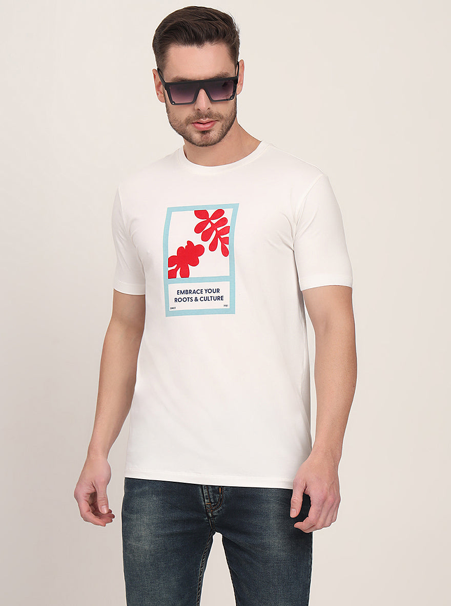 White Printed Slim Fit T-Shirt | JadeBlue