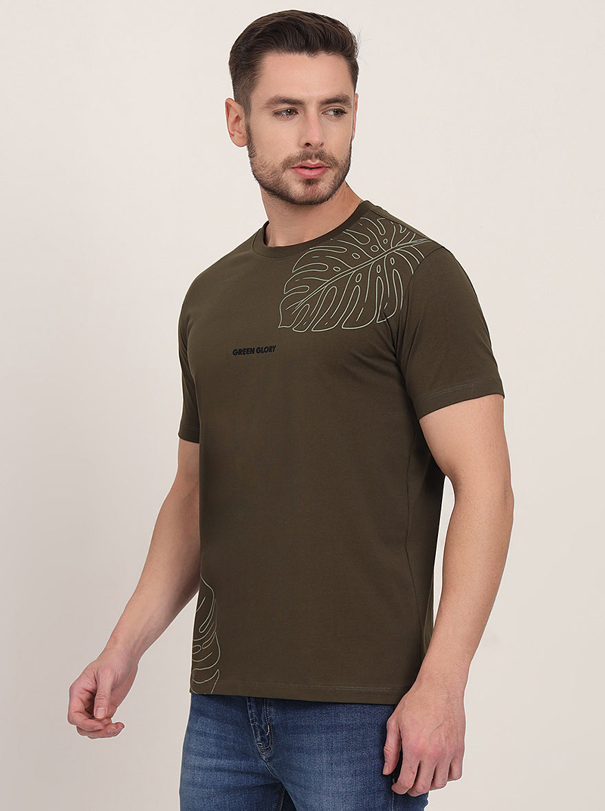 Olive Printed Slim Fit T-Shirt | JadeBlue
