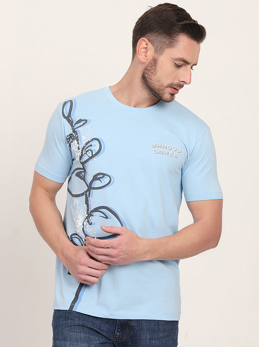 Light Blue Printed Slim Fit T-Shirt | JadeBlue