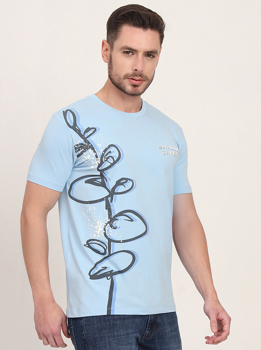 Light Blue Printed Slim Fit T-Shirt | JadeBlue