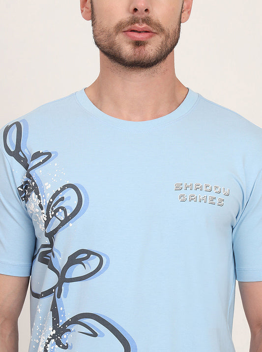 Light Blue Printed Slim Fit T-Shirt | JadeBlue