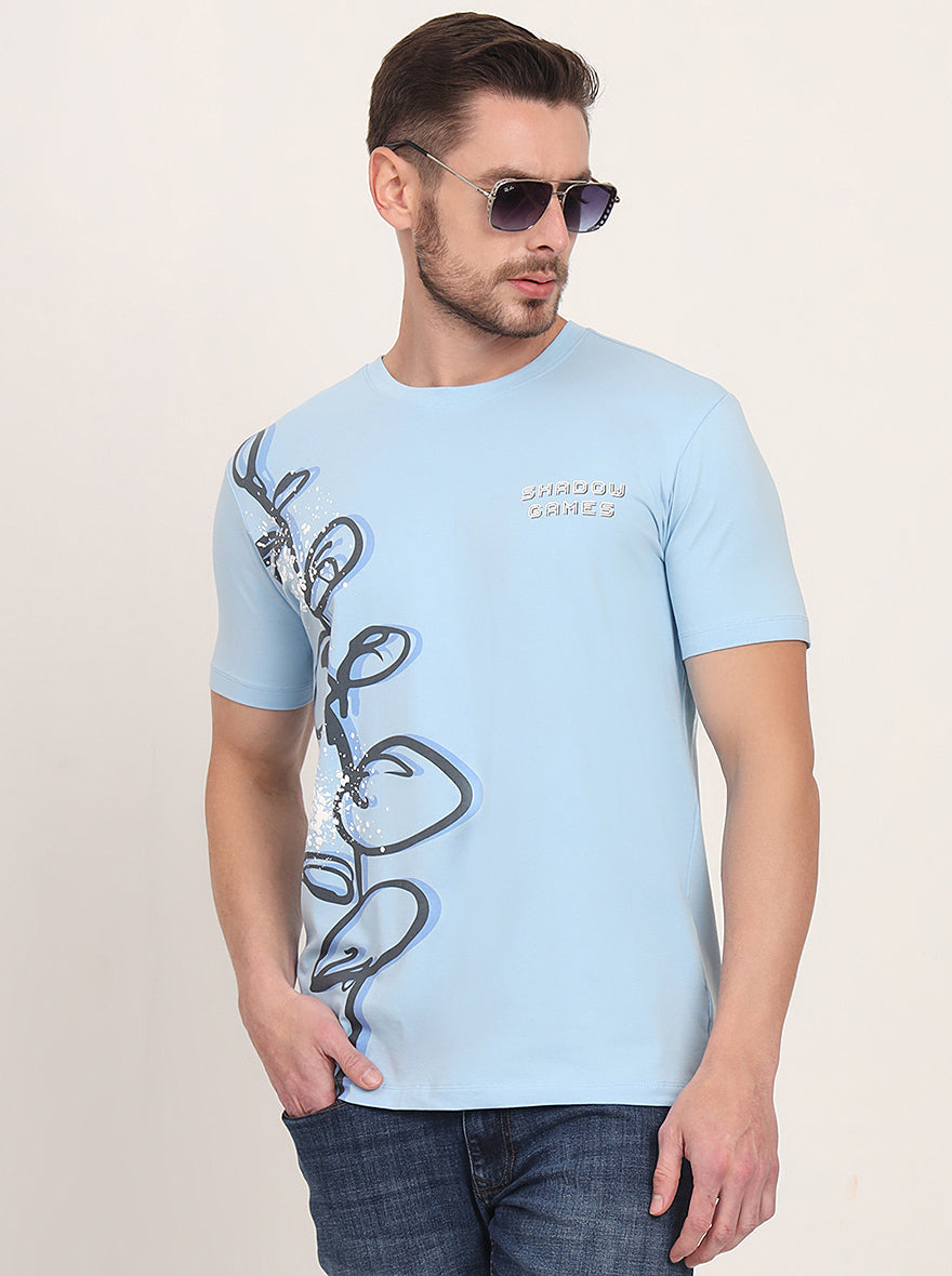 Light Blue Printed Slim Fit T-Shirt | JadeBlue