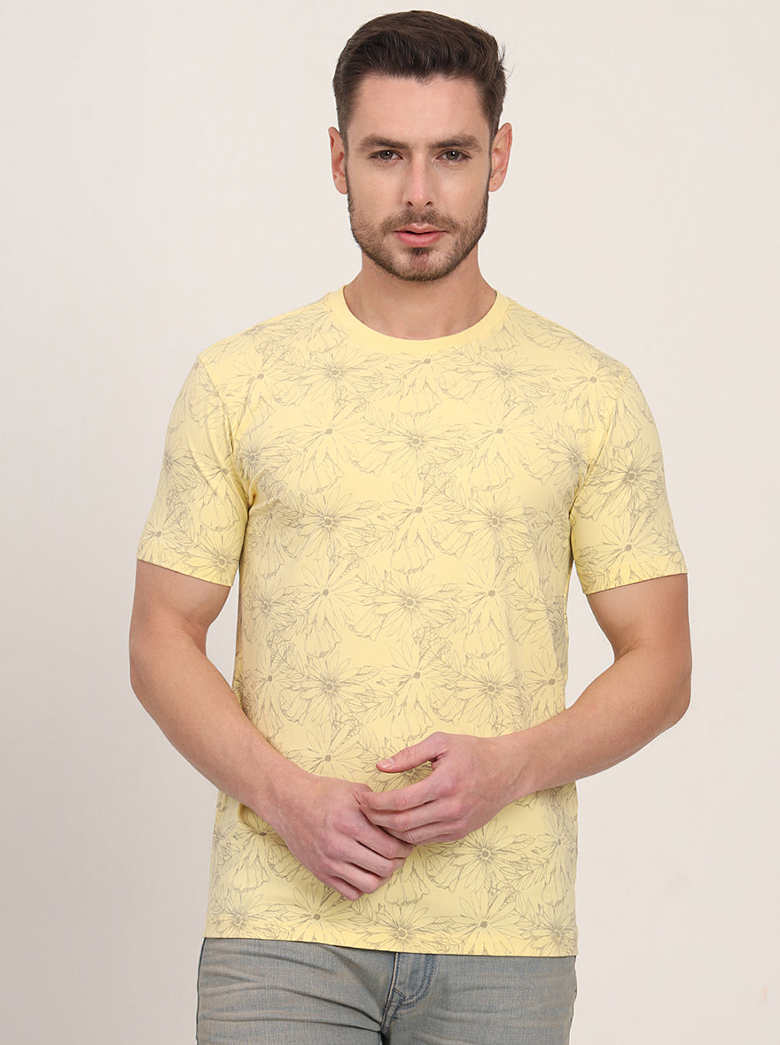 Light Yellow Printed Slim Fit T-Shirt | JadeBlue