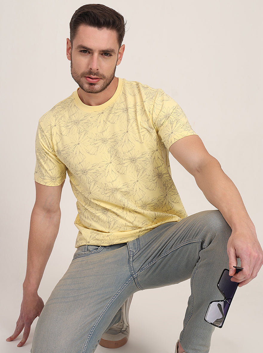 Light Yellow Printed Slim Fit T-Shirt | JadeBlue
