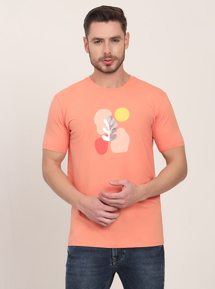 Peach Printed Slim Fit T-Shirt | JadeBlue