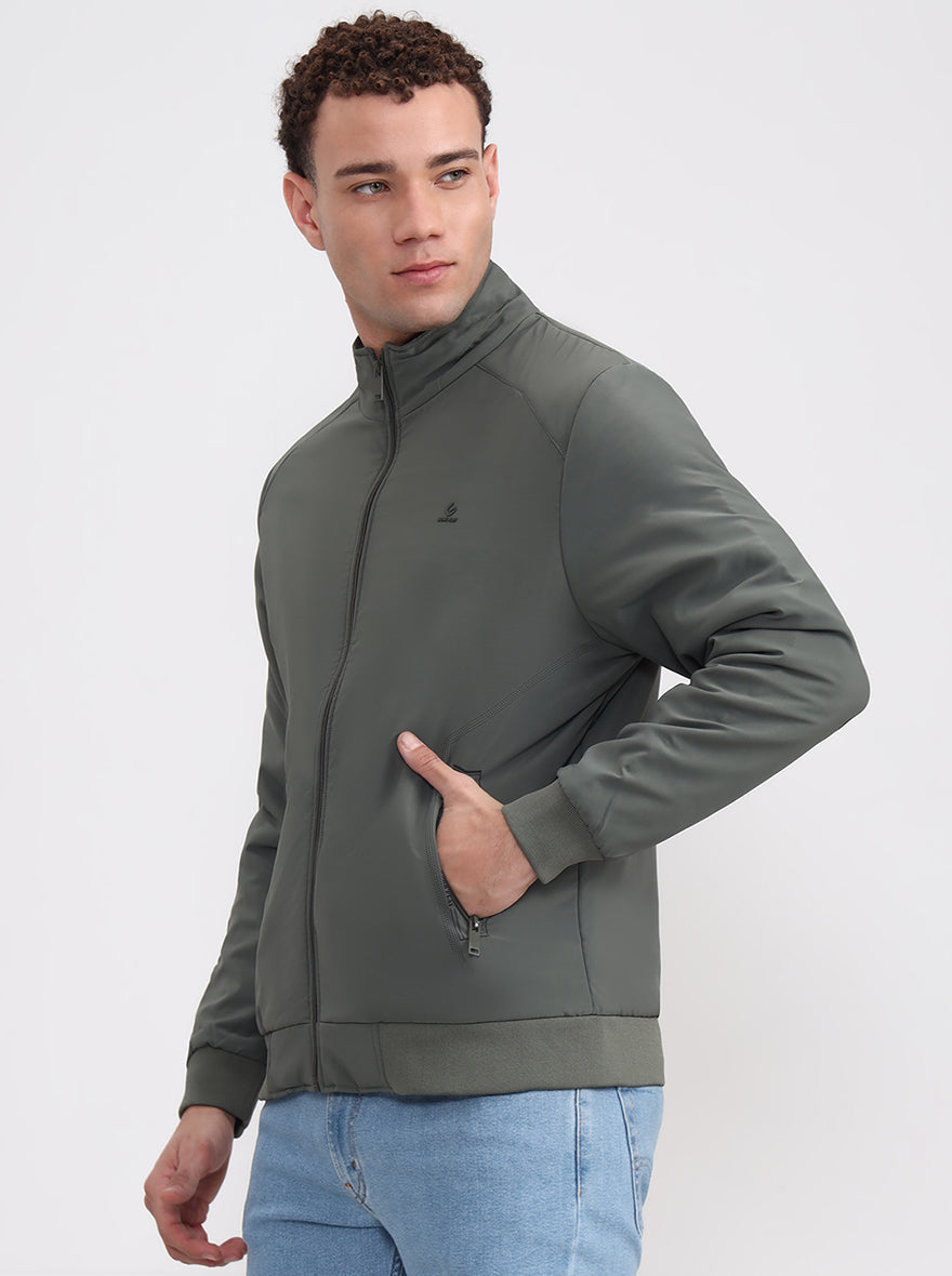 Olive Green Solid Slim Fit Winter Jacket | Greenfibre