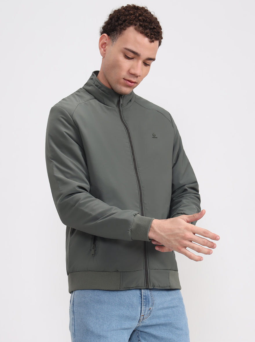 Olive Green Solid Slim Fit Winter Jacket | Greenfibre