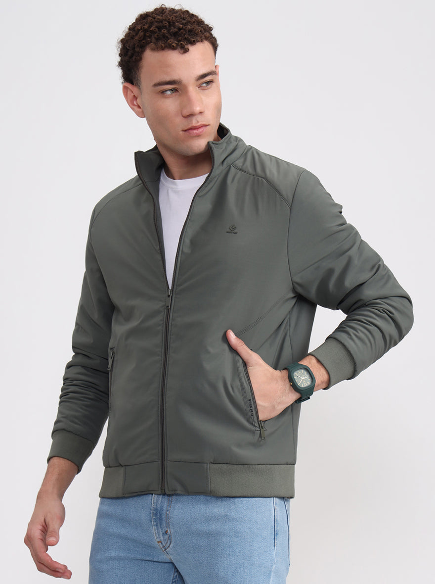 Olive Green Solid Slim Fit Winter Jacket | Greenfibre