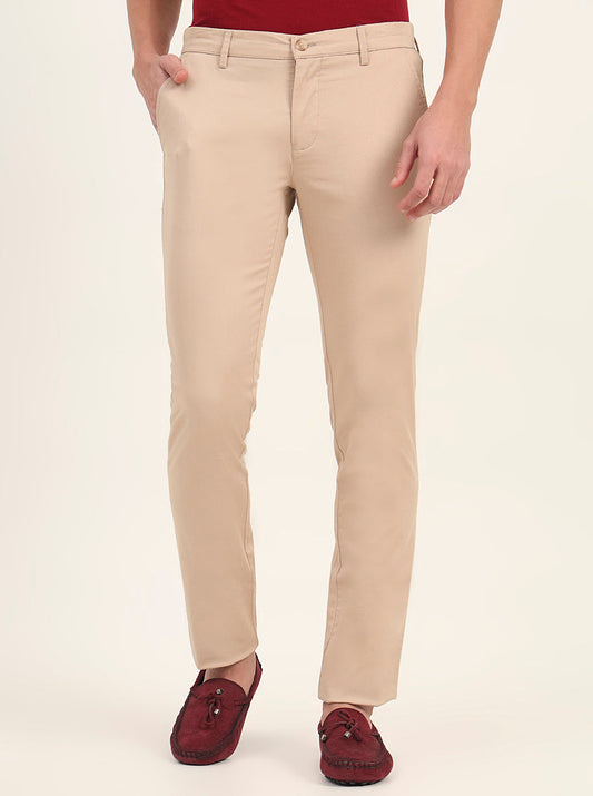 Beige Solid Super Slim Fit Casual Trouser | Greenfibre