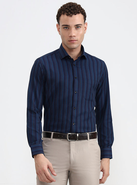 Navy Blue Striped Slim Fit Formal Shirt | Greenfibre