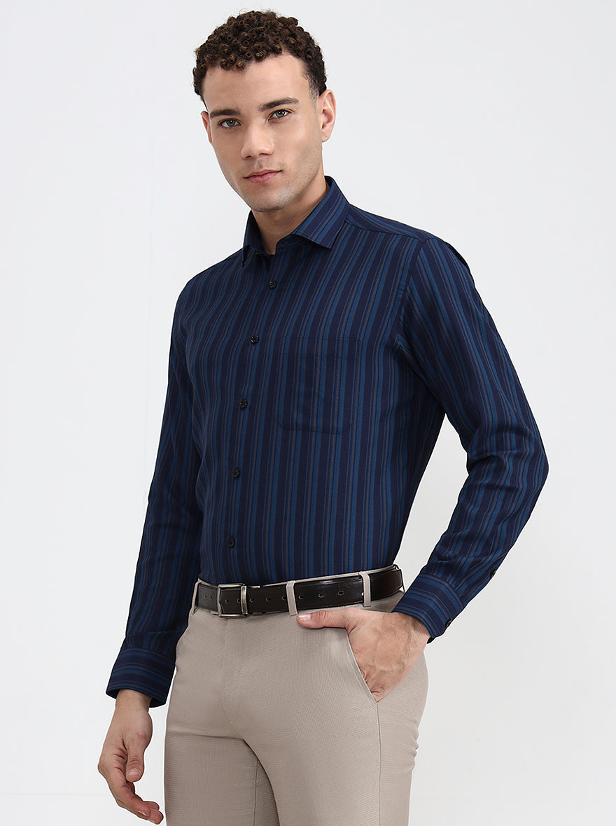 Navy Blue Striped Slim Fit Formal Shirt | Greenfibre