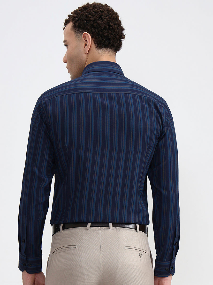 Navy Blue Striped Slim Fit Formal Shirt | Greenfibre