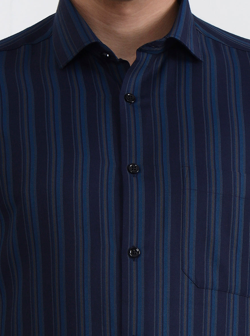Navy Blue Striped Slim Fit Formal Shirt | Greenfibre