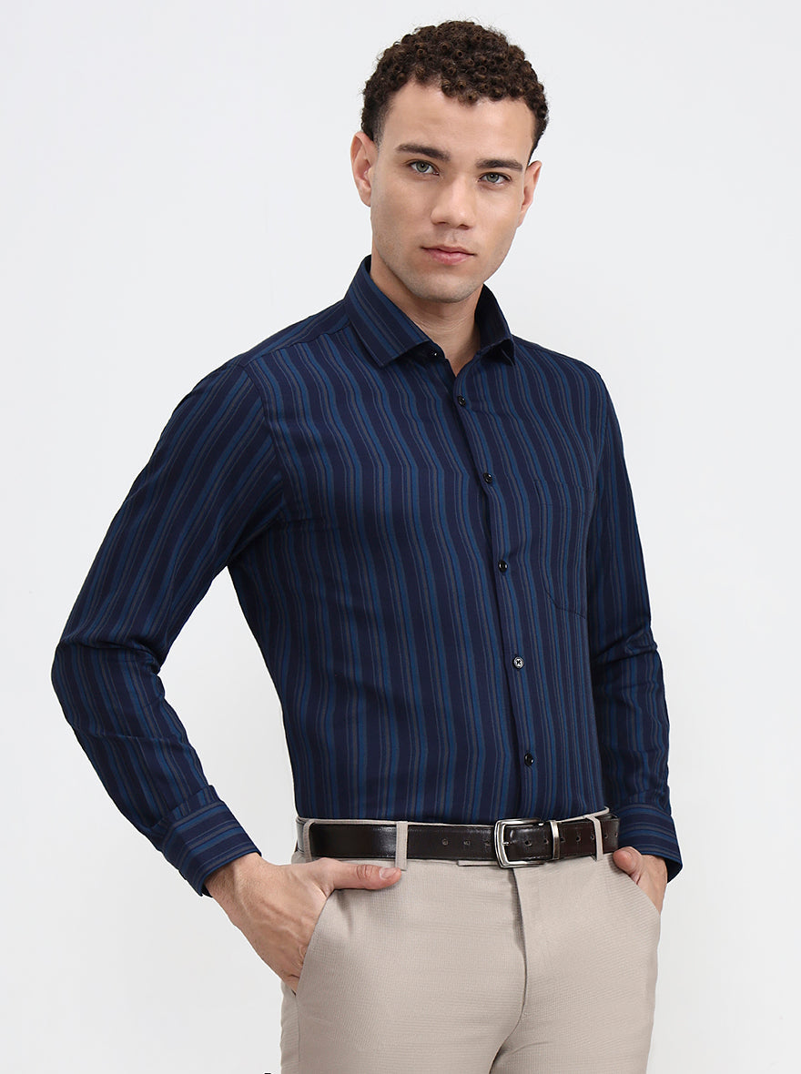 Navy Blue Striped Slim Fit Formal Shirt | Greenfibre