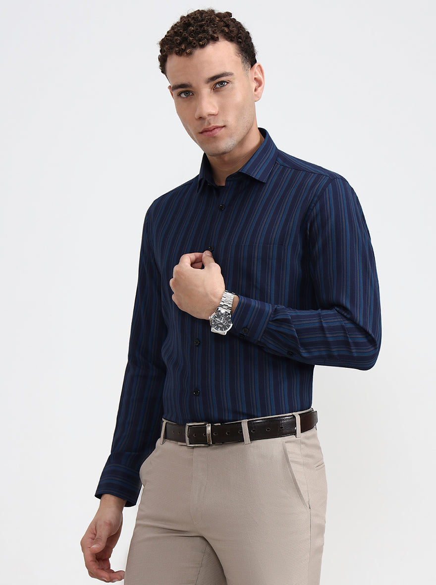 Navy Blue Striped Slim Fit Formal Shirt | Greenfibre