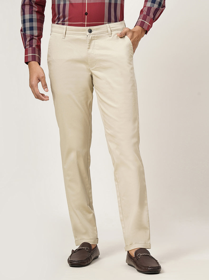 Cream Solid Neo Fit Casual Trouser | Greenfibre