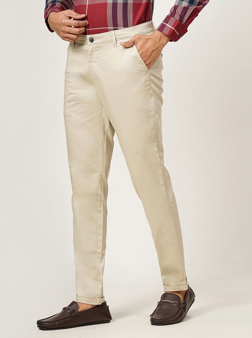 Cream Solid Neo Fit Casual Trouser | Greenfibre