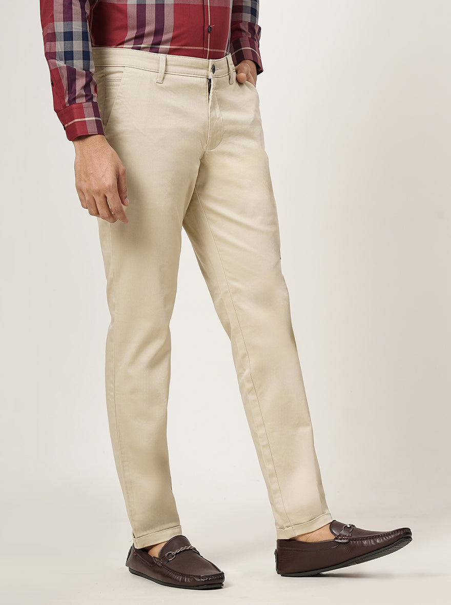 Cream Solid Neo Fit Casual Trouser | Greenfibre