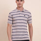 Beige & Navy Blue Striped Slim Fit Polo T-Shirt | Greenfibre