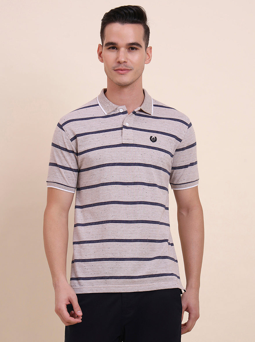 Beige & Navy Blue Striped Slim Fit Polo T-Shirt | Greenfibre