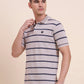 Beige & Navy Blue Striped Slim Fit Polo T-Shirt | Greenfibre