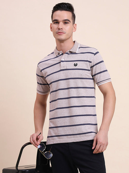 Beige & Navy Blue Striped Slim Fit Polo T-Shirt | Greenfibre