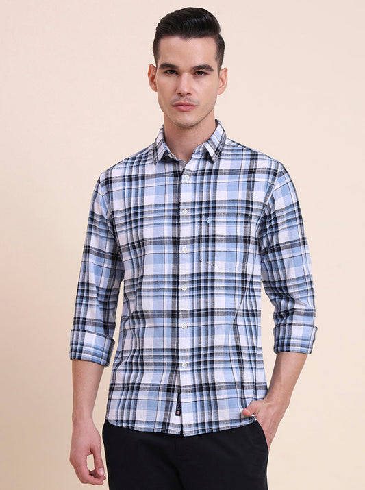 Blue Checked Slim Fit Casual Shirt | Greenfibre