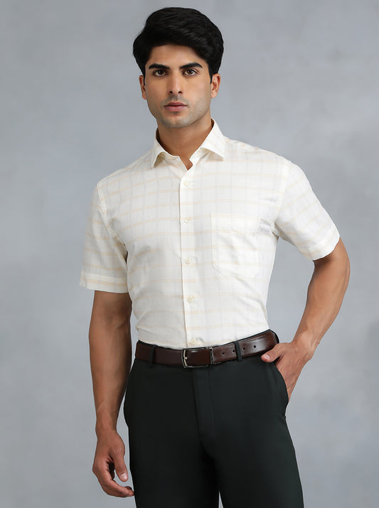 Light Yellow Checked Regular Fit Formal Shirt | Greenfibre