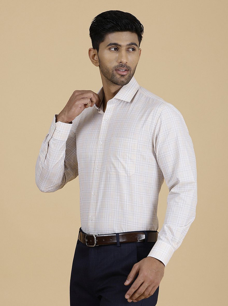 Beige Checked Slim Fit Formal Shirt | Greenfibre