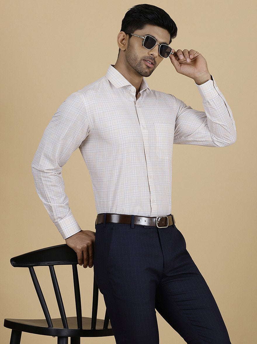 Beige Checked Slim Fit Formal Shirt | Greenfibre