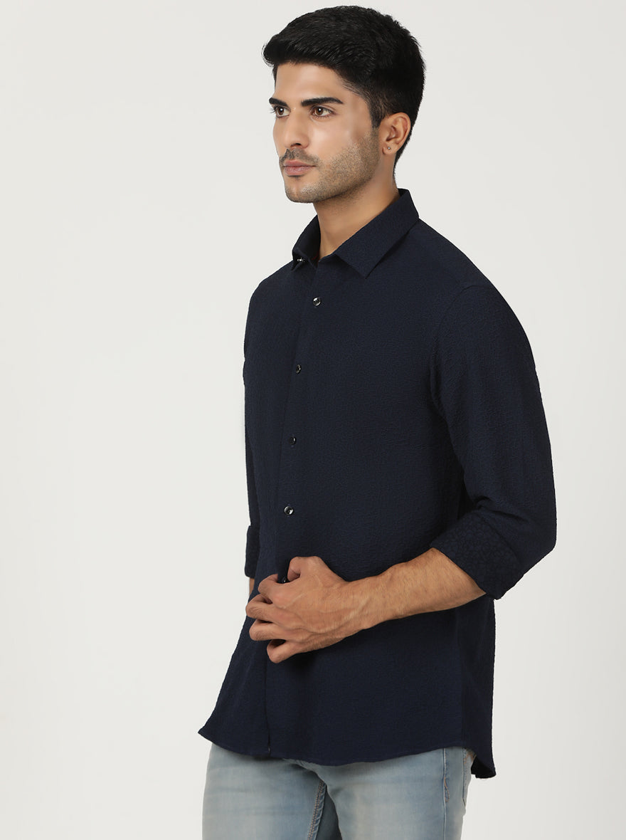 Navy Solid Slim Fit Party Wear Shirt | Greenfibre