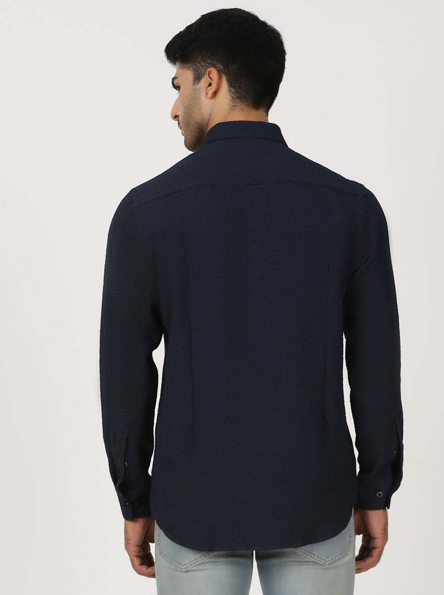 Navy Solid Slim Fit Party Wear Shirt | Greenfibre