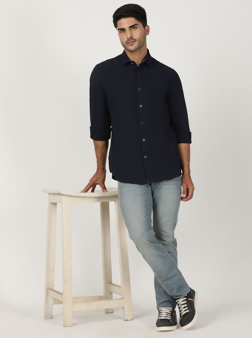 Navy Solid Slim Fit Party Wear Shirt | Greenfibre